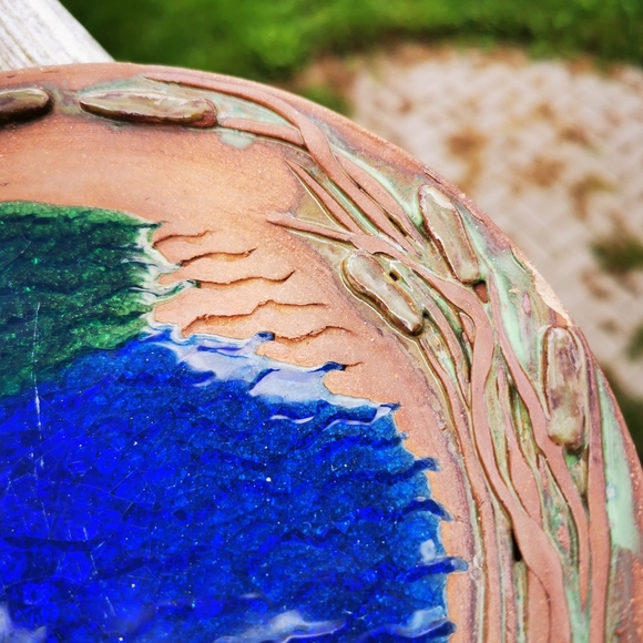 Red Clay Art Pottery Plate with Water Scene and Cat Tails / Bulrush - Picture 4 of 16